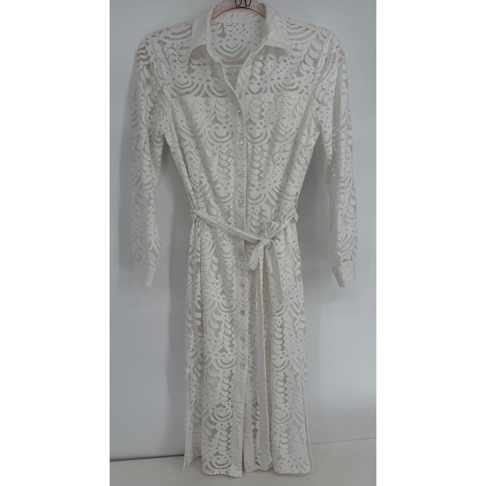 Rabbit Rabbit Rabbit Designs White Lace Shirt Dress Midi Long Sleeve Belted Sz 6